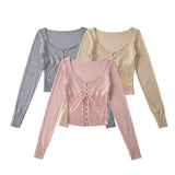 The Bow Tie U-Necked Long-Sleeved Knitted Shirt Women's Spring And Autumn Design Sense Slimming Inside The Elastic Bottom Top