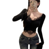 Direct-Operated Hottie Sexy Lace Spliced Short Top Pure Lustful Long-Sleeved T-Shirt T-Shirt Girl