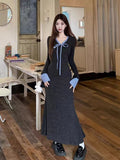 French Gray V-Neck Knitted In-Coat Skirt Women's Autumn And Winter 2026 New Temperament Pocketed And Hip Skirt