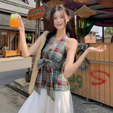 Sweet And Spicy Collegged Lattice V-Neck Sling Vest For The Summer Re-Bitelon Design With A Bow Hanging Neck Blouse