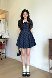 Sweet Babes Doll Collar Lattice Dress Women Summer College Style Design Princess Dress Bubble Sleeves Waist Skirt