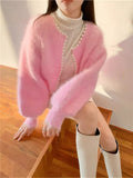 2026 Small Fragrant Wind Pearl Imitation Water Velvet Cardigan Women Autumn And Winter Short Small Soft Plush Knitted Coat