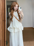 Very Simple Wind Shallow Apricots Waist T-Bstite Top Suit Summer Women's Beautiful Temperament Casual Sweet Two-Piece Set