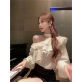 Spring 2025 French Gentle Wind Inclined Shoulder Wave Dot Lotus Leaf Shirt Women's Summer Niche Blouse