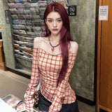 Red Lattice Open Shoulder Repair Word Shoulder Women's T-Shirt Long-Sleeved Spring Temperament Hottie