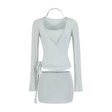 Korean Suit Strapped Knitted Cardigan T-Shirt Women Hanging Neck Hanging Slings Feel Leisure Pants Anti-Walking Half-Dress Skirt