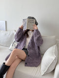 Purple V-Neck Knitted Cardigan Women's Autumn And Winter Han Ling Dress With A Lazy Wind Relaxes The Feeling Of Loose Long-Sleeved Sweater Coat