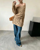2026 Early Autumn New Oblique Open Shoulder Tie With Hollow Knitted Shirt Girl Lazy Temperament Loose Thin Sweater Hoodie