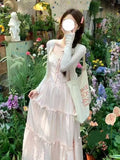 French Lace Splicing Pink Sling Dress Summer Holiday Style Gentle Long Dress Small Super Fairy Simple Young