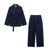 New Retro Waist Strap With Belted Collared Denim Jacket Vintage Denim Trousers