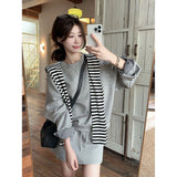 Crash Striped Shawl Folded Through The Korean Loose Long-Sleeved Edgy High-Waisted Rope Half-Dress Women's Early Autumn Two Sets Of Tide