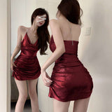Thai Babes Sexy Dress Bar Bundi Bag Short Dress Girl Fold Design Feeling Hanging Neck Clame Sling Skirt