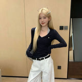 With Chest Cushions Korean Striped V-Neck Long-Sleeved T-Shirt Girl Hanging Neck Vest Two Sets Of Spring Hottie Tops