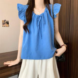 Dopamine Crane In Blue Design Small Flying Sleeve Shirt Women Summer Loose Bow Doll Shirt Beauty Top