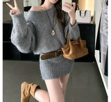French Medium And Long Oblique Shoulder Knitted Dress Women's Autumn And Winter New Waists Thin Inside The Bottom Of The Ass Skirt
