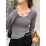 92 People Cotton 8 Spandex U Collar Shoulder Long Sleeves Plus Velvet T-Shirt Girl Body Autumn And Winter Big Neck Collar Inside The Top