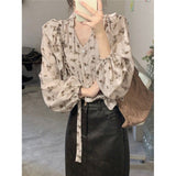French Shirt Women's Top Single Row Buckle Lotus Leaf Side Printing Tie With Tie Neckline Women's Broken Flowers French Lazy