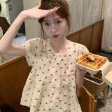 French Round-Neck Bow Bow Print Short-Sleeved Shirt Women's Clothing 2025 Summer Fold Reduction Loose Coat Bubble Sleeve