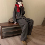 Korean Hooded Knitted Suit Women's Autumn And Winter New Lazy Wind Loose Long-Sleeved Knitted Jersey Broad Leg Trousers Two Sets