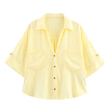 Summer New Women's Fashion Casual Single-Dbutton Short-Sleeved Collar Shirt 2187572