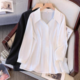 Large Size Thin Belly Cover Long Sleeve Shirt Women's Dress Collar In The Spring And Autumn Long Fat Sister Shirt Fat Big Size Women's Clothing