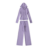 Korean Small Man Standing Thin Hooded Zipper Coat + Loose Feeling Loose Draw Rope Broad Leg Trousers Two Sets Of Women