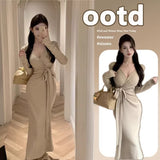 Crossing V Collar Long-Sleeved Needle Dress Women Autumn And Winter Bottom With Temperament Skirts Belts And Hips