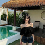 One-Word Shoulder Lotus Side Super Fairy Short-Sleeved T-Shirt Girl Summer Pure Hot Girl Sexy Shawl Shoulder Dress Beautiful