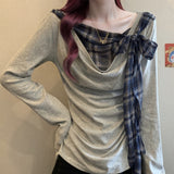 Spring And Autumn Pure Want To Fake Two Lattice Hot Girl Long-Sleeved T-Shirt Girl Autumn Bottom Shirt Tie Inside The Shoulder Jacket