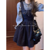 Spring And Autumn Wear A Set Of Women's Loose Retro Bows Cowboy With A Lace Shirt
