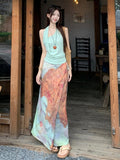 Seaside Holiday Style Suit Unique To The Folded Vest Women Summer Vintage Tie-Dye Skirt Skirt Two-Piece