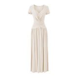 Tall Temperament Sexy V-Neck Lace To Receive Waist Short-Sleeved Dress Women's Small Pure Desire To Swing Long Skirt