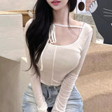 South Korea's Spring And Summer New Temperament Slim Slim Slim Hanging Neck Belt Tight Body Bra Short Long-Sleeved T-Shirt Women Ins