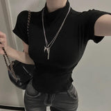 South Korea's Early Spring New High-Collar Repair Body To Show The Body Top Temperament Curved Under The Hem With Short-Sleeved T-Shirt Woman