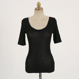 Bright Yellow Double U-Neck Short-Sleeved T-Shirt Women's Five-Point Sleeve Sleeve Top Temperament Tight Body Stature