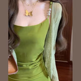 French Green Sling Dress Women's Summer 2025 New Seaside Holiday Style Temperament Wears Doamba Long Dress