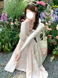 French Lace Splicing Pink Sling Dress Summer Holiday Style Gentle Long Dress Small Super Fairy Simple Young