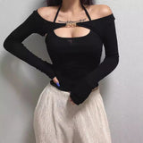 Spring New Temperament Repair Chest Hanging Neck Vest T-Shirt + Metal Buckle Sunscreen Shirt Sleeve Two Sets Of Women
