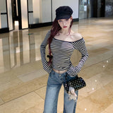 Spice Girls Striped Strapped With Bare Back U-Neck T-Shirt Women's Autumn Body-Repair Shirt Pure Long-Sleeved Top