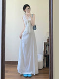 French White V-Neck Sleeveless Joint Dress Female Summer High-Grade Temperament Is Very Good Looking To The Waist Thin Thinch Waist Skirt