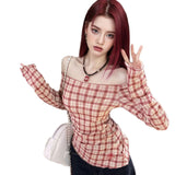 Red Lattice Open Shoulder Repair Word Shoulder Women's T-Shirt Long-Sleeved Spring Temperament Hottie