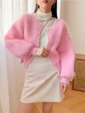 2026 Small Fragrant Wind Pearl Imitation Water Velvet Cardigan Women Autumn And Winter Short Small Soft Plush Knitted Coat