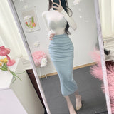 Slender Open Fork Loose Waist Half-Dress Folded Long Skirt Bag Hip Skirt South Korea Dongdaemun Autumn New Sexy