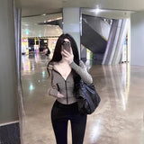 Spring And Autumn Stripes Pure Want To Repair The Slim Zipper Hooded Jacket T-Shirt Women + Elastic High-Waisted Sports Slacks
