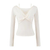 Pure Hot Girl Autumn New Fake Two Spliced T-Shirt Lace Long Sleeves Slim Thin T-Shirt Top Girl