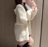 Autumn And Winter Soft Imitation Water Velvet Hooded Knitted Cardigan Women's Style Lazy Style Loose Long Thick Sweater Coat