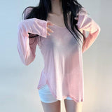 Spring New Thin V-Neck White Long-Sleeved Bottom Shirt Sun Protection Shirt Open Fork Slim Top Female Outside South Korea