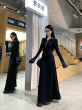 Korean Black Polo Collar Knitted Dress Women's Autumn And Winter Coat Inside The Repair Waist Temperament Long Skirt