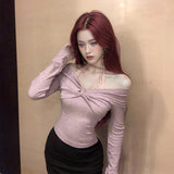 Pure Lust Lace Sexy Long-Sleeved Neck T-Shirt Girl Spring And Autumn Shoulder Temperament Tops Niche Bottom Shirt