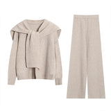 Lazy Fashion Knitting Suit Women's Autumn And Winter Wear A Set Of Shawl Sweater Wide Leg Pants Casual Three Sets